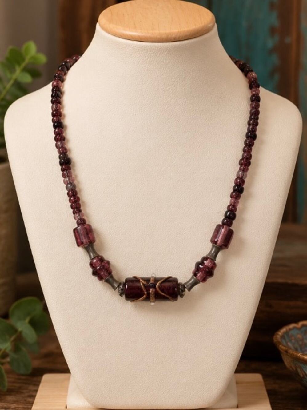 Glass beaded necklace hand strung.